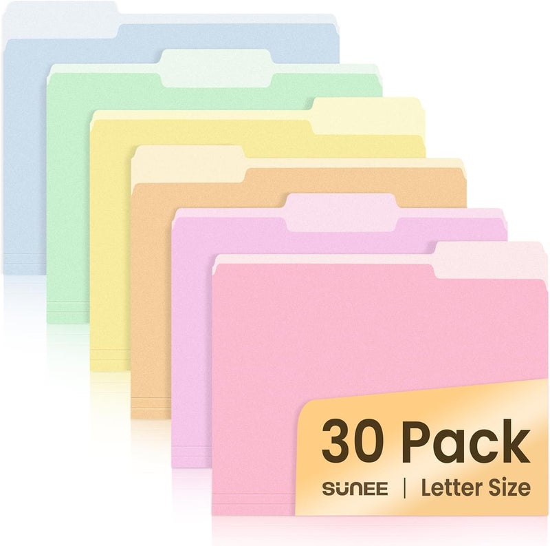 SUNEE File Folders, 30 Pack Manilla Folders 8.5 x 11, Colored File Folders Home Office School Supplies for Documents Files Paper, 6 Bright Colors - Image 1